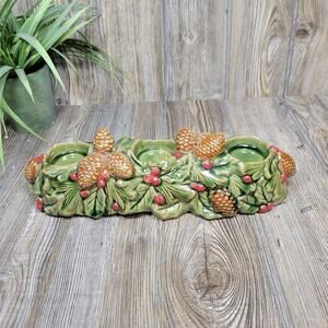 Vintage Triple Pinecone Holly Berry Votive Candle Holder